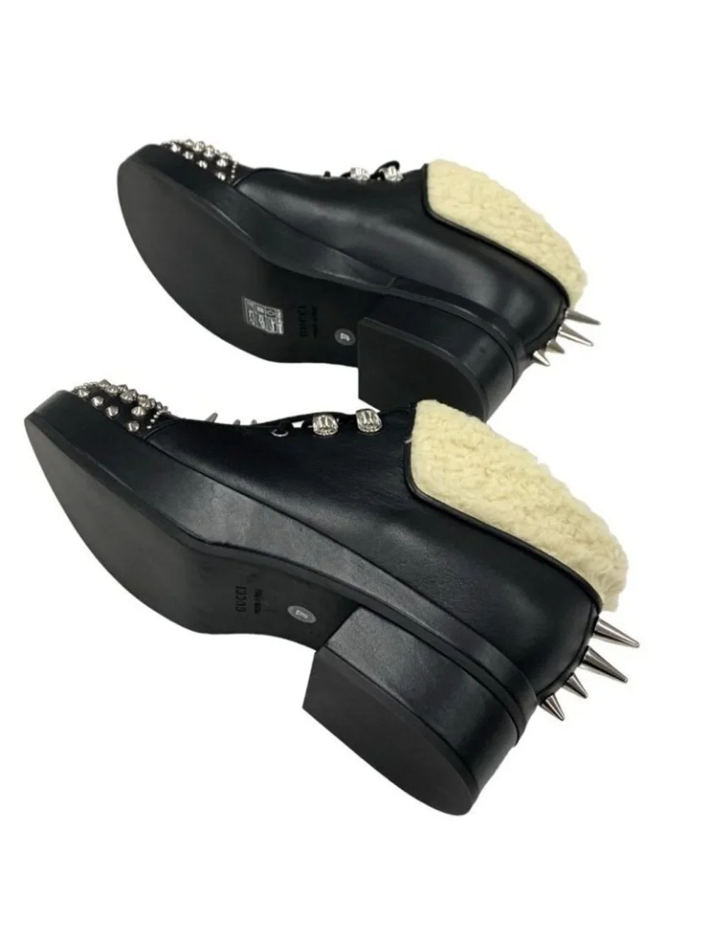 Gucci Boots Short Shoes Leather Shearling Black Studs Lace Up Boa - Picture 6 of 10